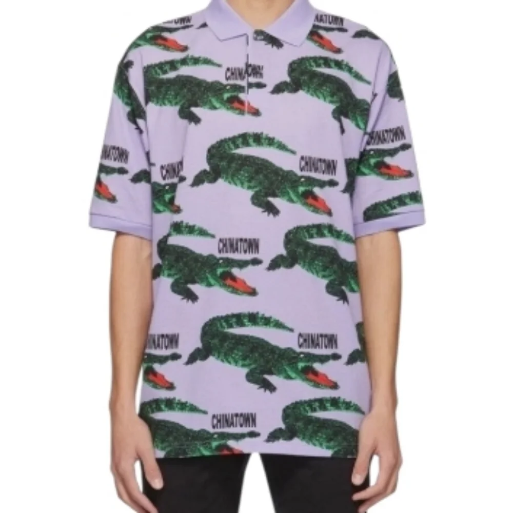 New Lacoste Alligator Print  x Chinatown‎ Market Gator Polo Shirt Purple Sz L - Picture 1 of 4
